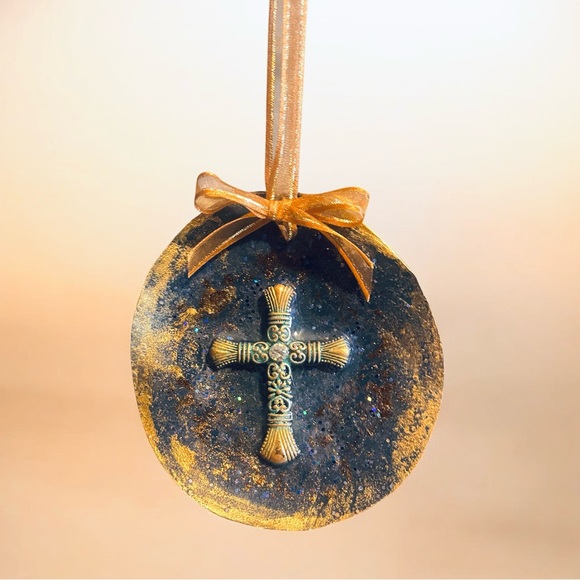 Festive Capiz Shell Ornament • Bronze Cross • Navy & Gold • Faith Décor - Picture 3 of 6